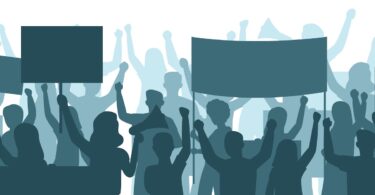 Social protest. Silhouette people demonstration. Human crown with banners and loudspeaker. Marching persons. Political movement. Activists picket. Public manifestation. Vector concept